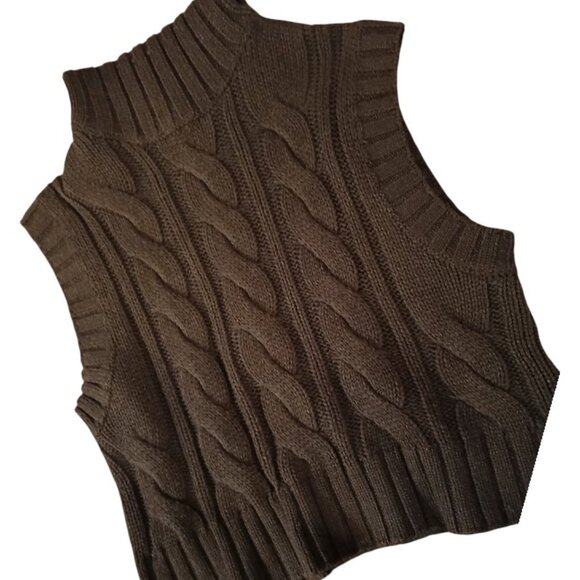 Divided Sweaters - H & M (Divided) Brown Chunky Cable Knit Turtleneck Sleeveless Sweater